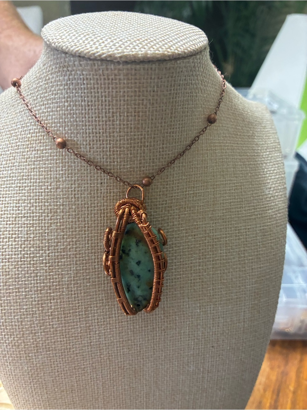 Handcrafted Copper Wire Wrapped Green Stone Pendant Necklace